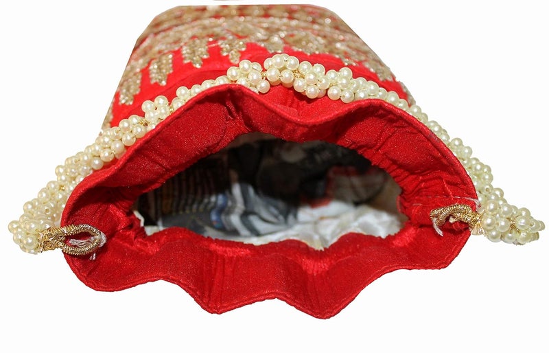 MILAN'S CREATION Raw-Silk Designer Potli Bag for women with Golden Embroidery and Pearl Handle Tassel - Image 5