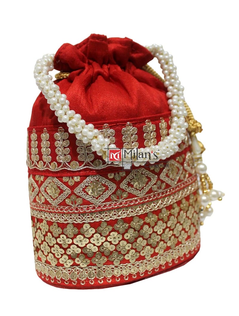 MILAN'S CREATION Raw-Silk Designer Potli Bag for women with Golden Embroidery and Pearl Handle Tassel - Image 2