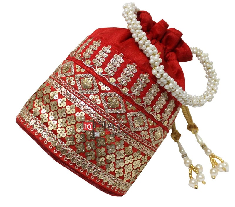MILAN'S CREATION Raw-Silk Designer Potli Bag for women with Golden Embroidery and Pearl Handle Tassel - Image 3