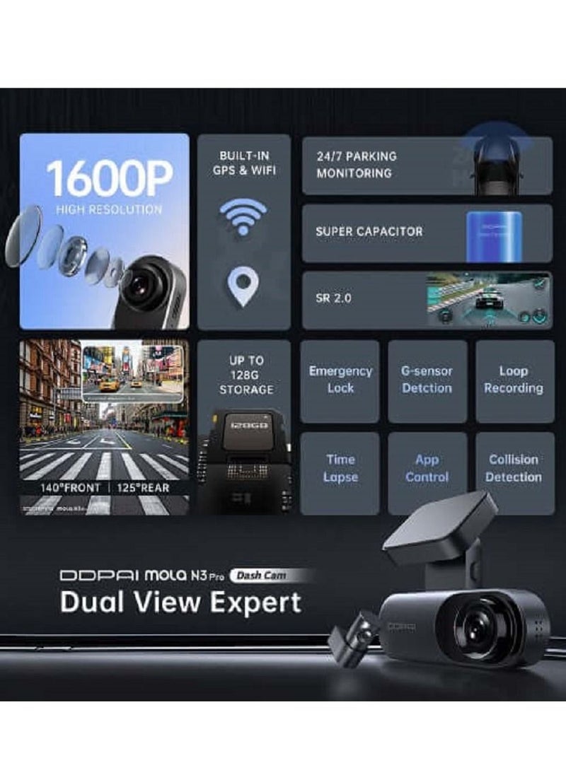 ddpai - Dual-Channel Car Camera with GPS Front 1600P and Rear 1080P - Advanced Technology for Complete Journey Monitoring with G-Sensor, WiFi, and Up to 128GB Storage - Image 1