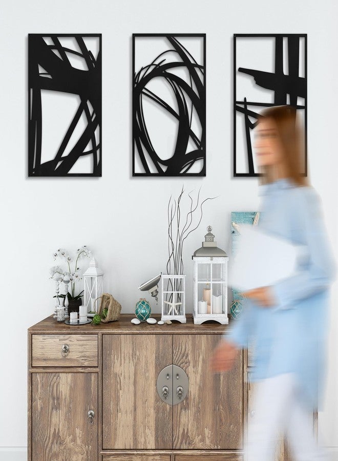 Pinetree Art مجموعة من 3 قطع فنية جدارية معدنية تجريدية من باينتري آرت، بتصميم عصري وخطوط بسيطة، منحوتات ثلاثية الأبعاد مزخرفة لغرفة المعيشة وغرفة النوم والحمام (أسود 11 بوصة × 16 بوصة). - Image 3