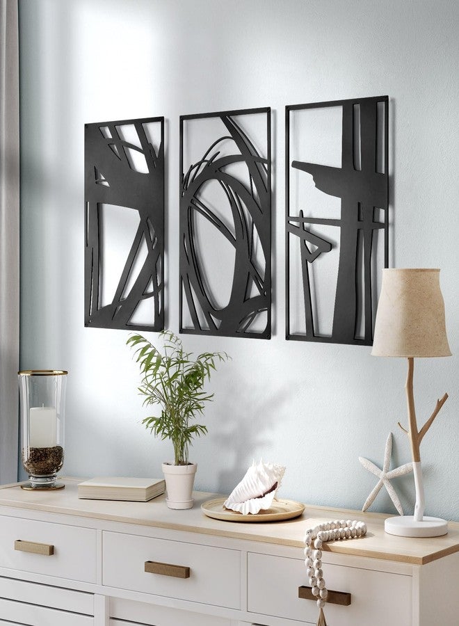 Pinetree Art مجموعة من 3 قطع فنية جدارية معدنية تجريدية من باينتري آرت، بتصميم عصري وخطوط بسيطة، منحوتات ثلاثية الأبعاد مزخرفة لغرفة المعيشة وغرفة النوم والحمام (أسود 11 بوصة × 16 بوصة). - Image 2
