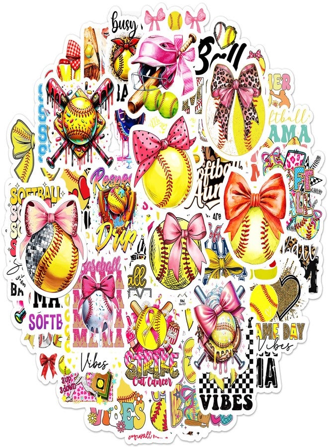 Eclazul Cute Softball Bow Stickers - 100 Pcs Coquette Sports Decals Accessories Bulk for Water Bottle Journaling Scrapbook Pink Yellow Helmet Party Favors Gifts for Adults Teens Girls Women Team - Image 1