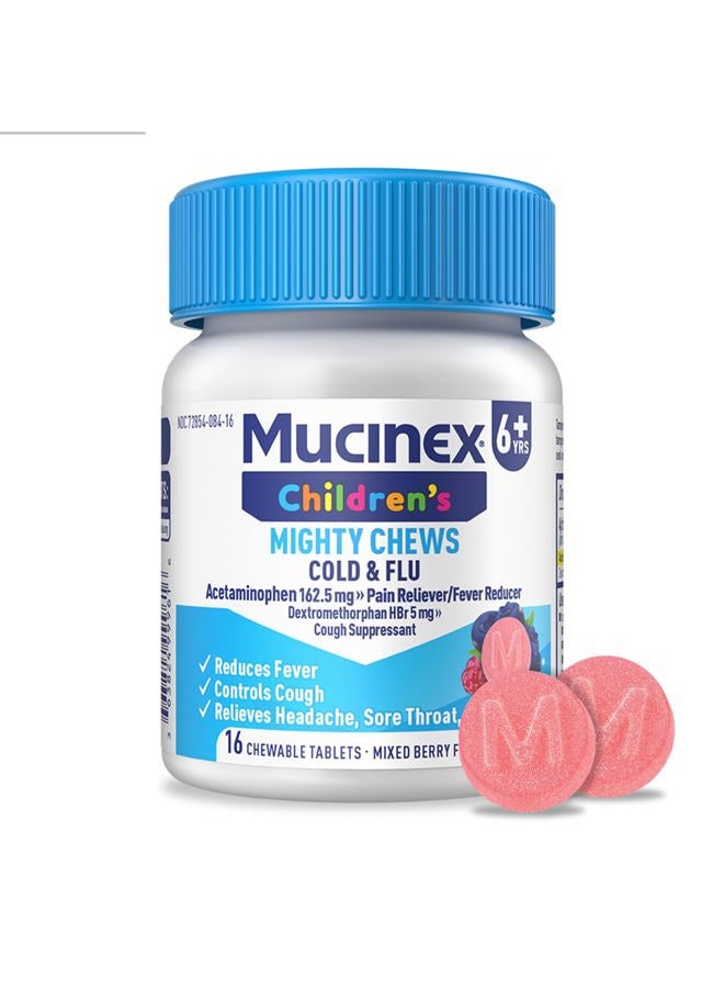 MUCINEX دواء الأطفال مايتي تشيوز للبرد والإنفلونزا، سهل الجرعة أسيتامينوفين للأطفال وديكستروميثورفان، دواء سعال للأطفال، للأعمار 6 سنوات فما فوق، بنكهة التوت المختلط، 16 قرص مضغ طبي - Image 1