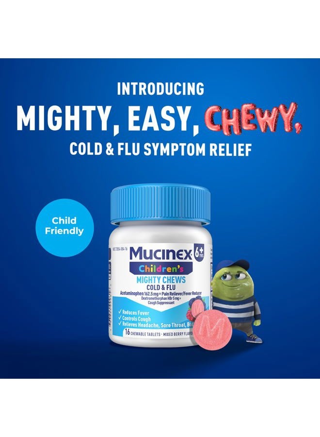 MUCINEX دواء الأطفال مايتي تشيوز للبرد والإنفلونزا، سهل الجرعة أسيتامينوفين للأطفال وديكستروميثورفان، دواء سعال للأطفال، للأعمار 6 سنوات فما فوق، بنكهة التوت المختلط، 16 قرص مضغ طبي - Image 2