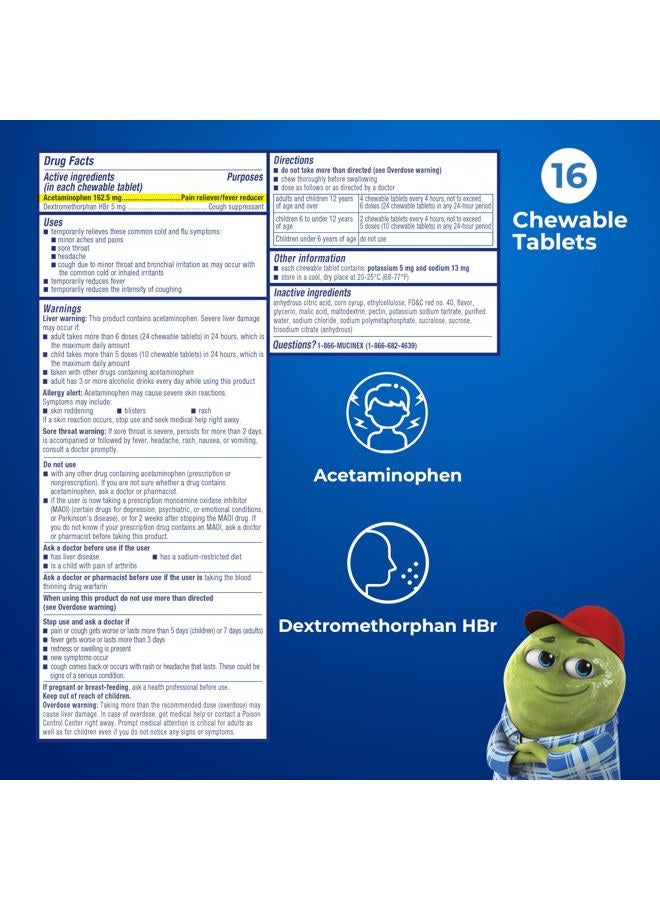 MUCINEX دواء الأطفال مايتي تشيوز للبرد والإنفلونزا، سهل الجرعة أسيتامينوفين للأطفال وديكستروميثورفان، دواء سعال للأطفال، للأعمار 6 سنوات فما فوق، بنكهة التوت المختلط، 16 قرص مضغ طبي - Image 5