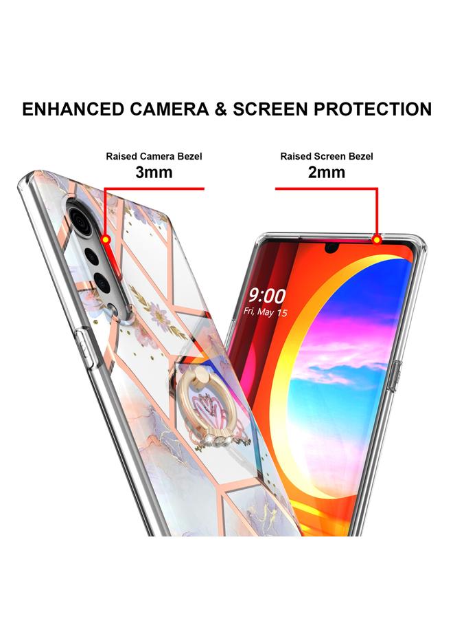 اس-توب جراب لهاتف LG مخملي مطلي بالكهرباء بنمط زهرة رخامية من مادة TPU مقاوم للصدمات مع حامل حلقي من حجر الراين - Image 3