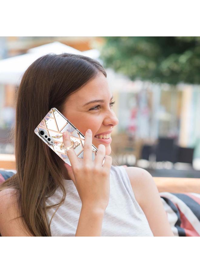 اس-توب جراب لهاتف LG مخملي مطلي بالكهرباء بنمط زهرة رخامية من مادة TPU مقاوم للصدمات مع حامل حلقي من حجر الراين - Image 4