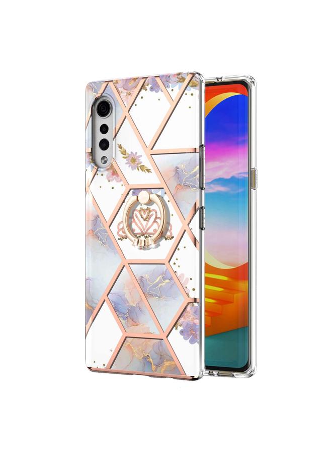 اس-توب جراب لهاتف LG مخملي مطلي بالكهرباء بنمط زهرة رخامية من مادة TPU مقاوم للصدمات مع حامل حلقي من حجر الراين - Image 2