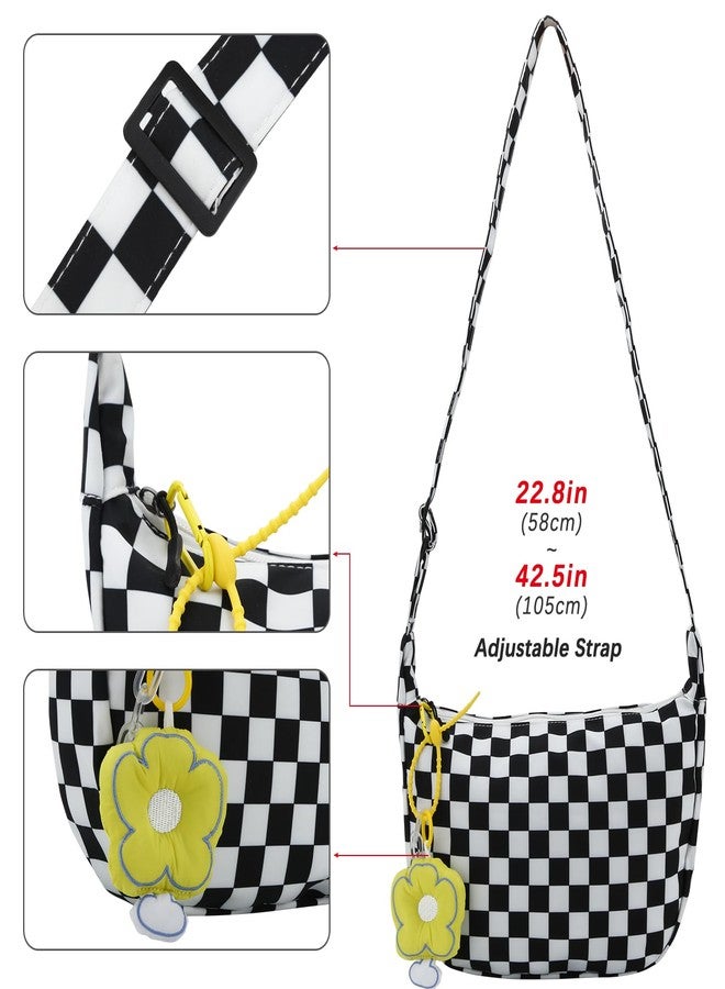 DOB SECHS Crossbody Bag Checkered Purse Black and White Kawaii Purse for Women Shoulder Hobo Bag Large Messenger Bag with Cute Yellow Pendant, Black and White - Image 5