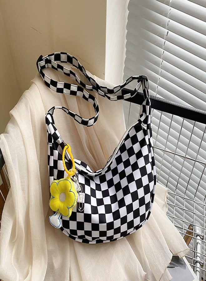 DOB SECHS Crossbody Bag Checkered Purse Black and White Kawaii Purse for Women Shoulder Hobo Bag Large Messenger Bag with Cute Yellow Pendant, Black and White - Image 3