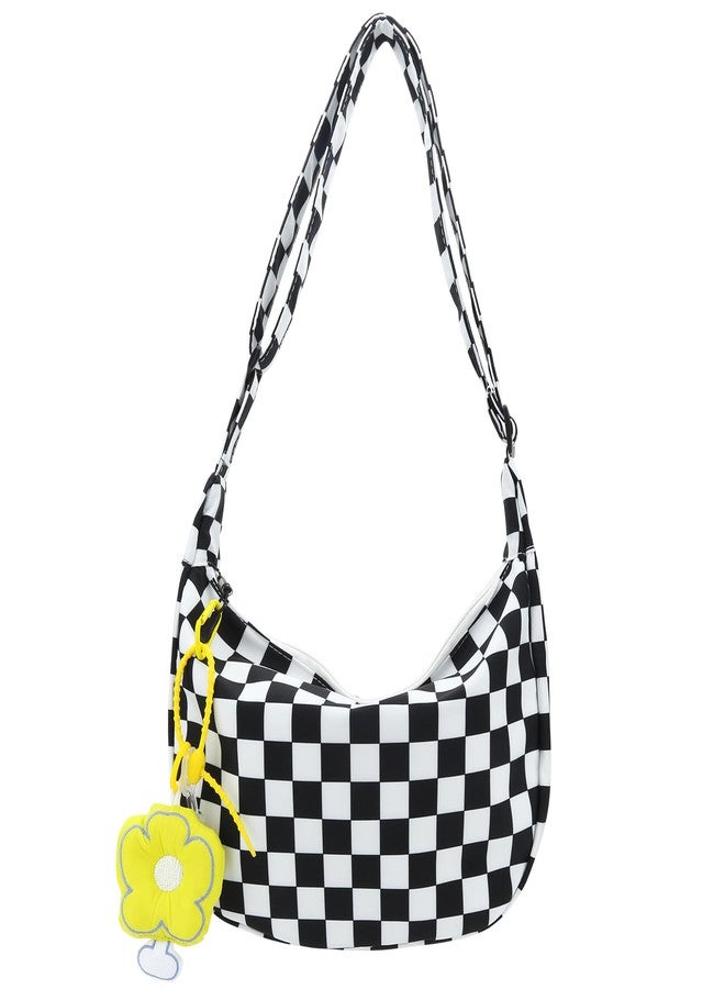 DOB SECHS Crossbody Bag Checkered Purse Black and White Kawaii Purse for Women Shoulder Hobo Bag Large Messenger Bag with Cute Yellow Pendant, Black and White - Image 1