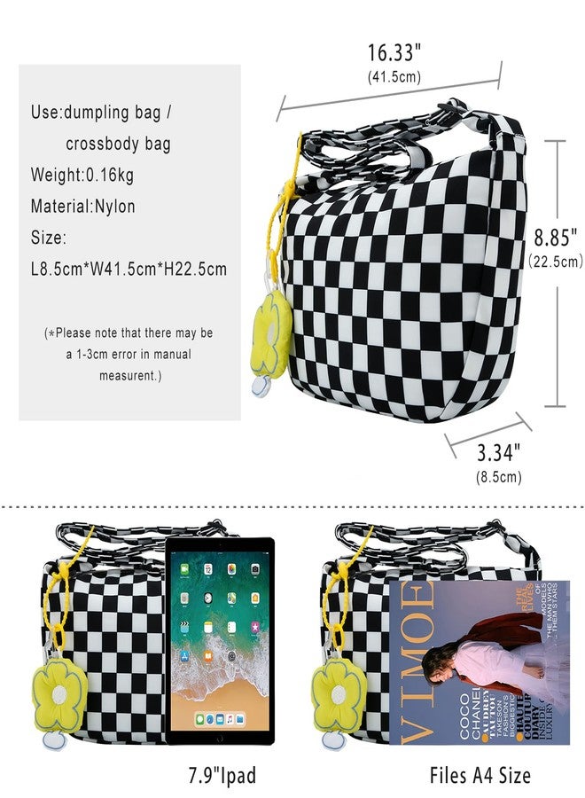 DOB SECHS Crossbody Bag Checkered Purse Black and White Kawaii Purse for Women Shoulder Hobo Bag Large Messenger Bag with Cute Yellow Pendant, Black and White - Image 4