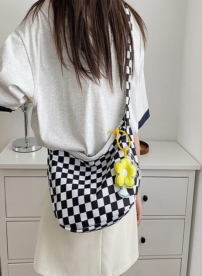 DOB SECHS Crossbody Bag Checkered Purse Black and White Kawaii Purse for Women Shoulder Hobo Bag Large Messenger Bag with Cute Yellow Pendant, Black and White - Image 2