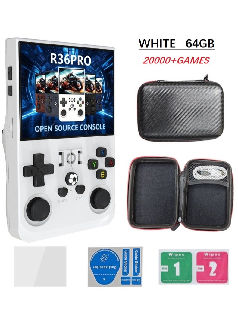 Retro Handheld R36PRO Game Console With 64G TF Card,Support 20000+Games,3.5 Inch IPS Portable Rechargeable Open Source Game Console Emulator ,Support WiFi.(White)  - Image 1