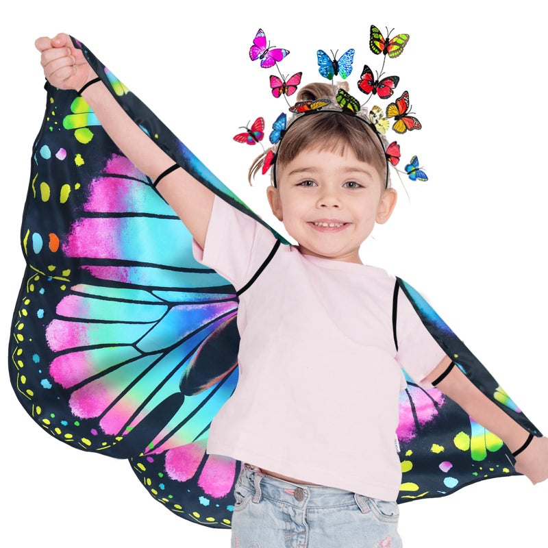 iROLEWIN iROLWIN Double Sided Kids-Butterfly-Wings for Toddler-Girls Fairy Dress Up Costume Butterfly Cape Headband Halloween Gifts - Image 1