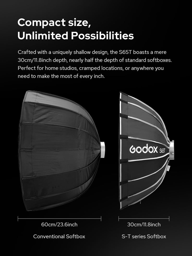 جودوكس Godox S65T 65 سم / 25.6 بوصة صندوق ناعم مظلة قابل للطي سريع التحرير مع حامل Bowens وناشرات قابلة للفصل، إضاءة ناعمة محمولة للتصوير الفوتوغرافي في الاستوديو والفيديو والبث المباشر والسفر - Image 2