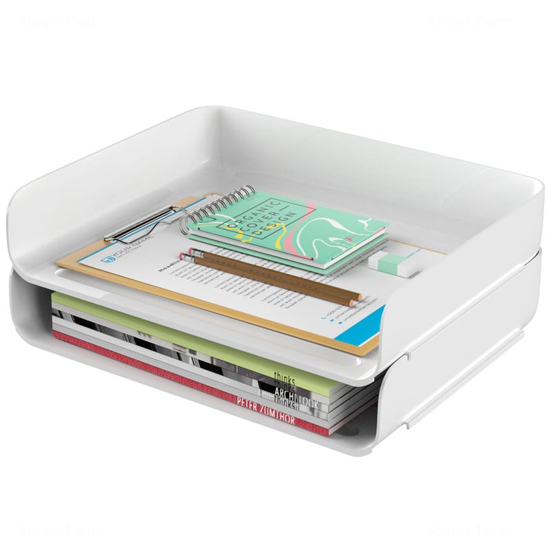 Tomorotec Desk Letter Tray Set A4 Size White Stackable Document Organizer Office Desktop File Paper Holder Book Storage Rack Side Load AntiSkid Stacking Support Convex Bottom 2X Landscape