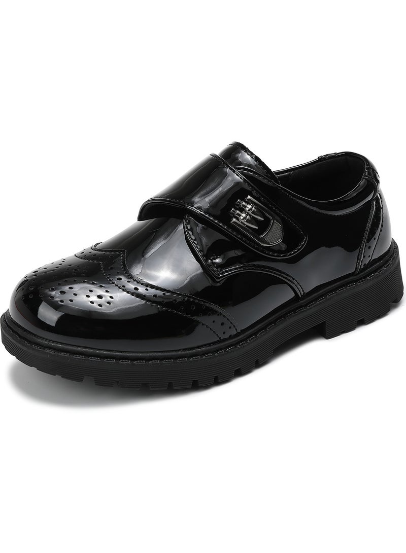 SKY VIEW Boy's School Uniform Shoes Children's Shiny Leather Upper Brogue Oxford Loafers Shoes Kids Hook And Loop Comfort Dress Shoes Black(Little Kid/Big Kid) - Image 1