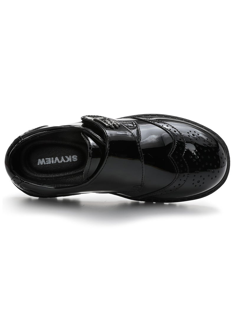 SKY VIEW Boy's School Uniform Shoes Children's Shiny Leather Upper Brogue Oxford Loafers Shoes Kids Hook And Loop Comfort Dress Shoes Black(Little Kid/Big Kid) - Image 5