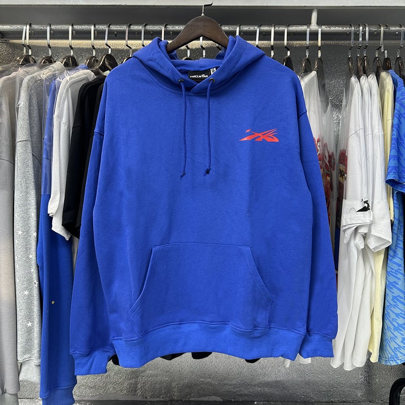 American Street Fashion Brand Retro Cracked Logo High Weight Loose Washed and Distressed Hooded Sweatshirt Mens Hoodie Suit 2227 color blue