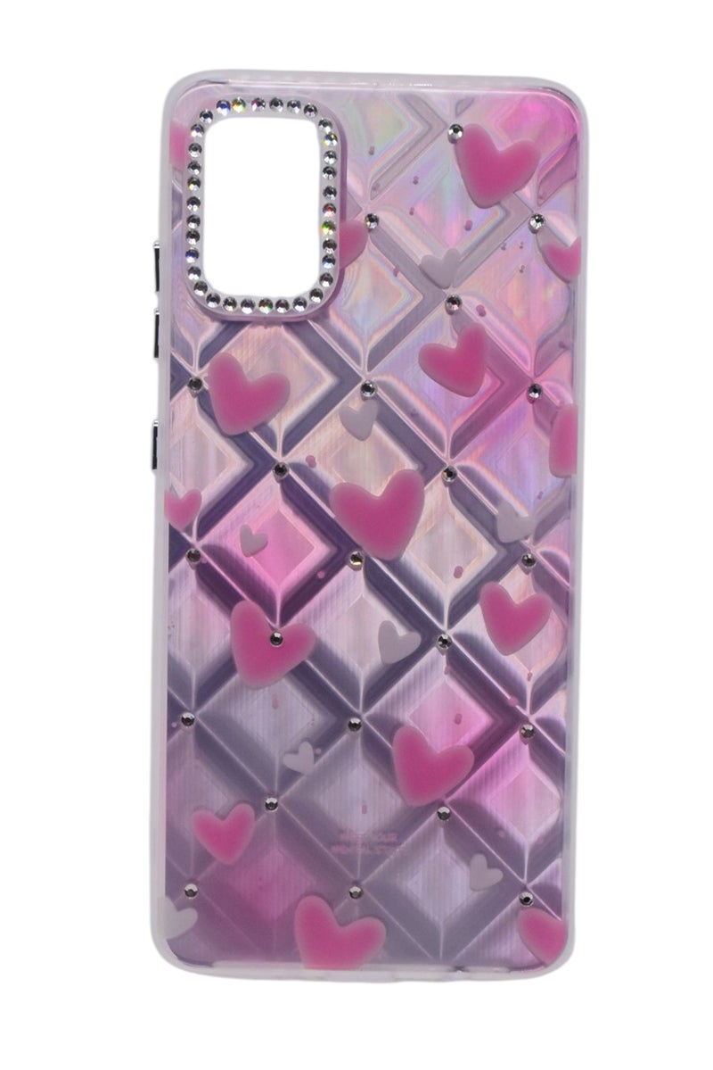 CFS TPU Heart Printed Back Cover Case with Rhinestone Camera Border For Samsung Galaxy A51 4G - Pink Transparent - Image 1