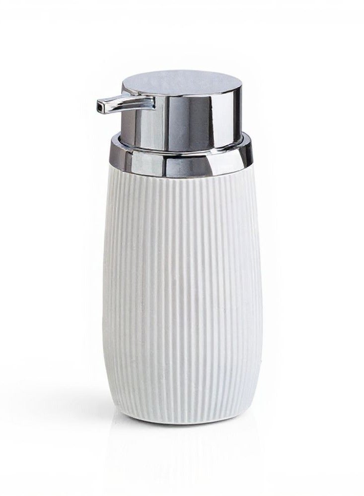 اوكانيوس  موزع صابون مخطط من الأكريليك سعة 300 مل قابل لإعادة التعبئة مع رأس مضخة من الكروم، ملحق أنيق للحمام والمطبخ، 8 سم عرض × 15.8 سم ارتفاع، أبيض - Image 1