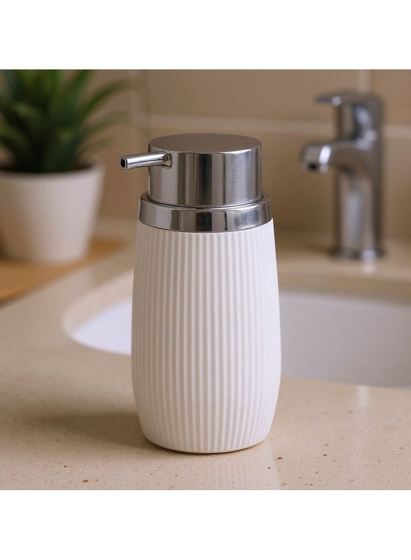 اوكانيوس  موزع صابون مخطط من الأكريليك سعة 300 مل قابل لإعادة التعبئة مع رأس مضخة من الكروم، ملحق أنيق للحمام والمطبخ، 8 سم عرض × 15.8 سم ارتفاع، أبيض - Image 5