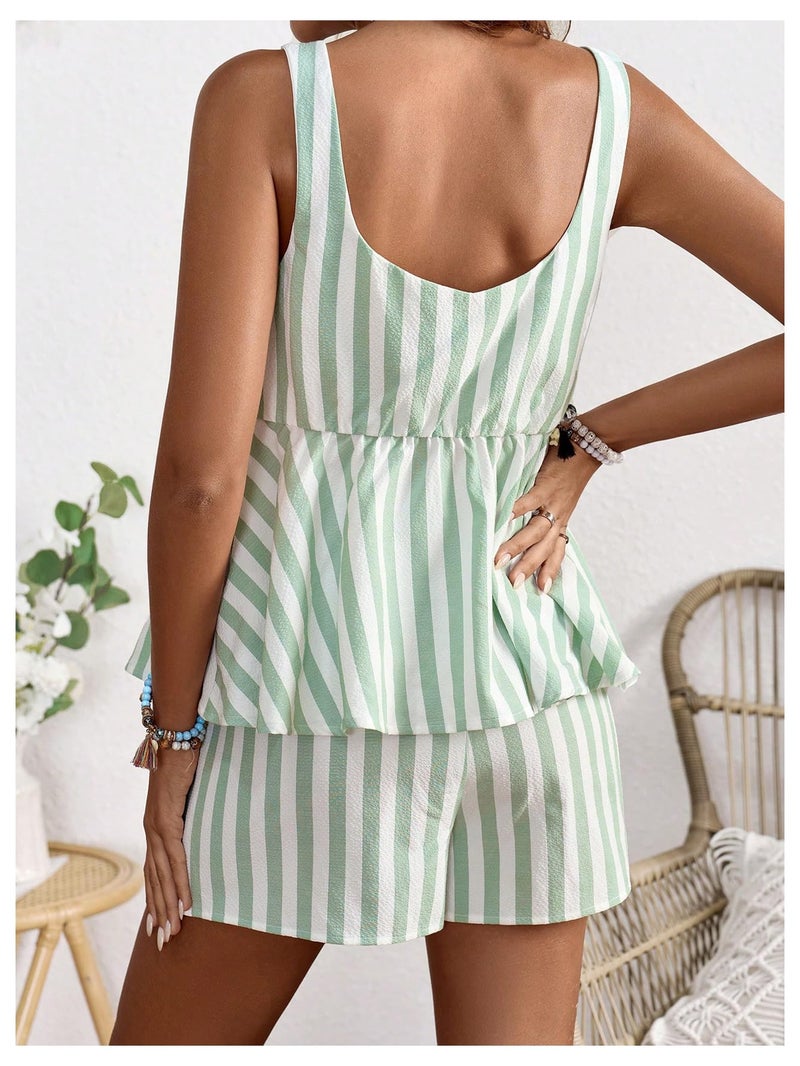 OYOANGLE Women's Maternity 2 Piece Outfits Striped Tie Front Ruffle Peplum Tank Top and Shorts Pregnancy Lounge Set Mint Green X-Large - Image 2
