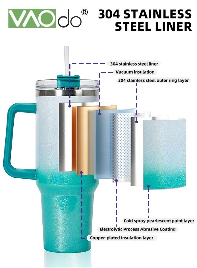 فاو دو كوب بسعة 40 أونصة مع مقبض وغطاء من القش، زجاجة مياه من الفولاذ المقاوم للصدأ قابلة لإعادة الاستخدام، كوب للسفر مع حامل أكواب، هدايا العطلات للنساء والرجال، أخضر وأبيض، 1100 مل - Image 3