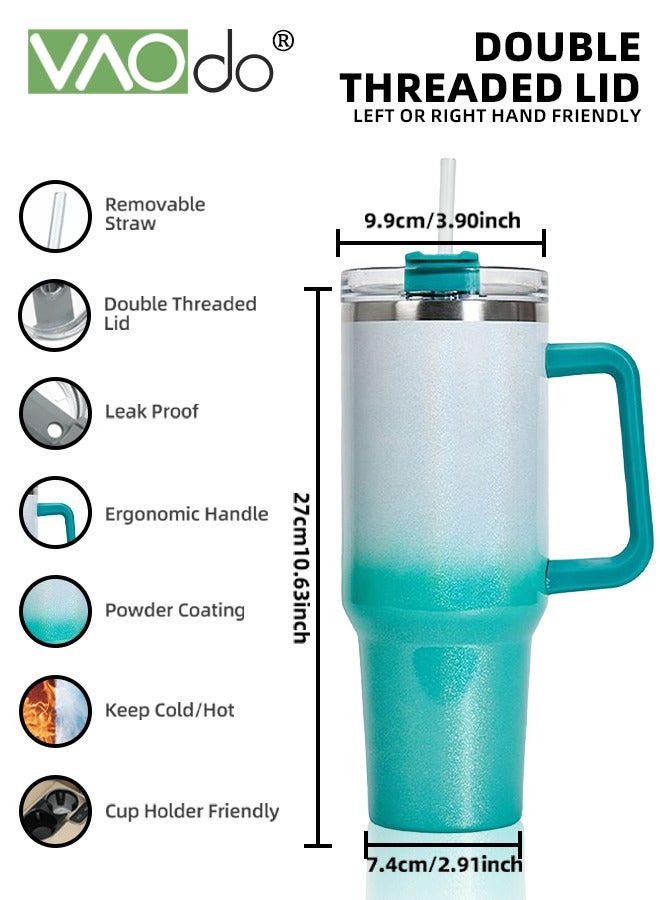 فاو دو كوب بسعة 40 أونصة مع مقبض وغطاء من القش، زجاجة مياه من الفولاذ المقاوم للصدأ قابلة لإعادة الاستخدام، كوب للسفر مع حامل أكواب، هدايا العطلات للنساء والرجال، أخضر وأبيض، 1100 مل - Image 4