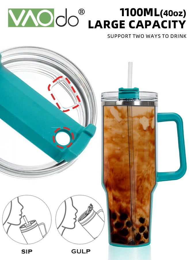 فاو دو كوب بسعة 40 أونصة مع مقبض وغطاء من القش، زجاجة مياه من الفولاذ المقاوم للصدأ قابلة لإعادة الاستخدام، كوب للسفر مع حامل أكواب، هدايا العطلات للنساء والرجال، أخضر وأبيض، 1100 مل - Image 2