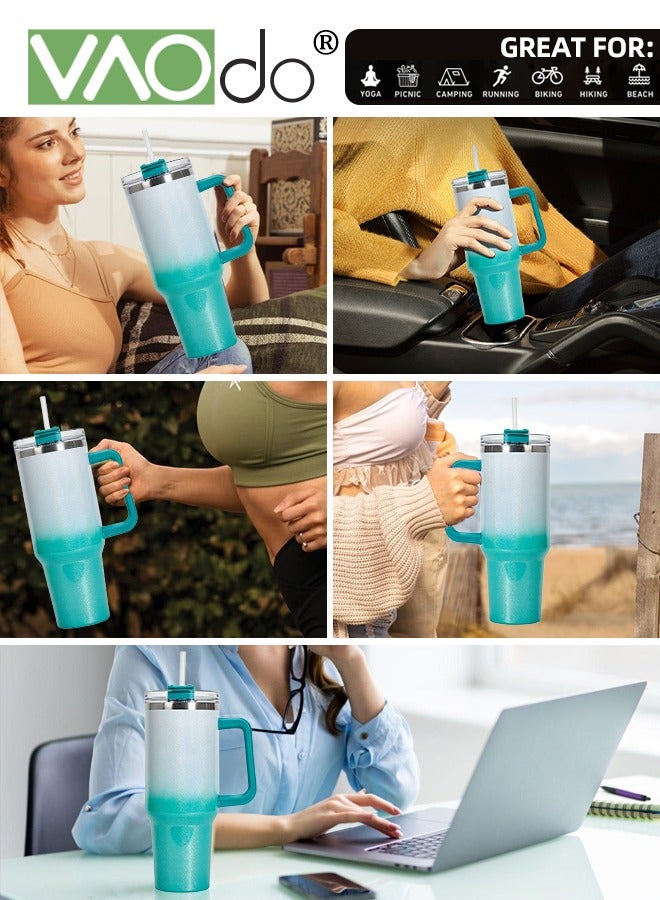 فاو دو كوب بسعة 40 أونصة مع مقبض وغطاء من القش، زجاجة مياه من الفولاذ المقاوم للصدأ قابلة لإعادة الاستخدام، كوب للسفر مع حامل أكواب، هدايا العطلات للنساء والرجال، أخضر وأبيض، 1100 مل - Image 5