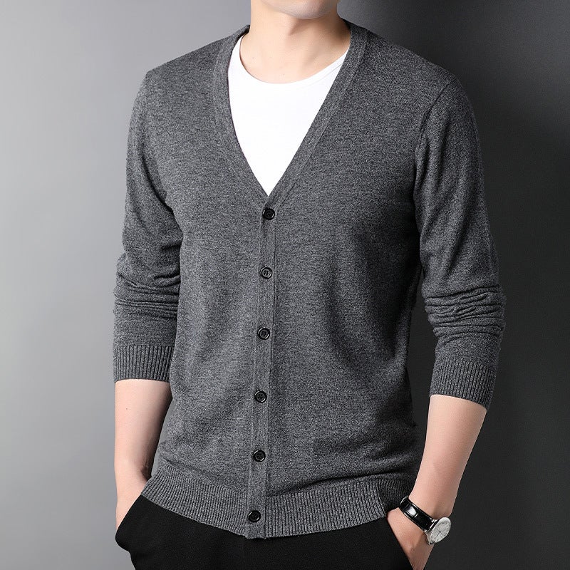 100 Pure Wool Cardigan Mens V-neck Autumn and Winter Puyuan Wool Sweater All-match Sweater Knitted Top Casual Jacket medium gray