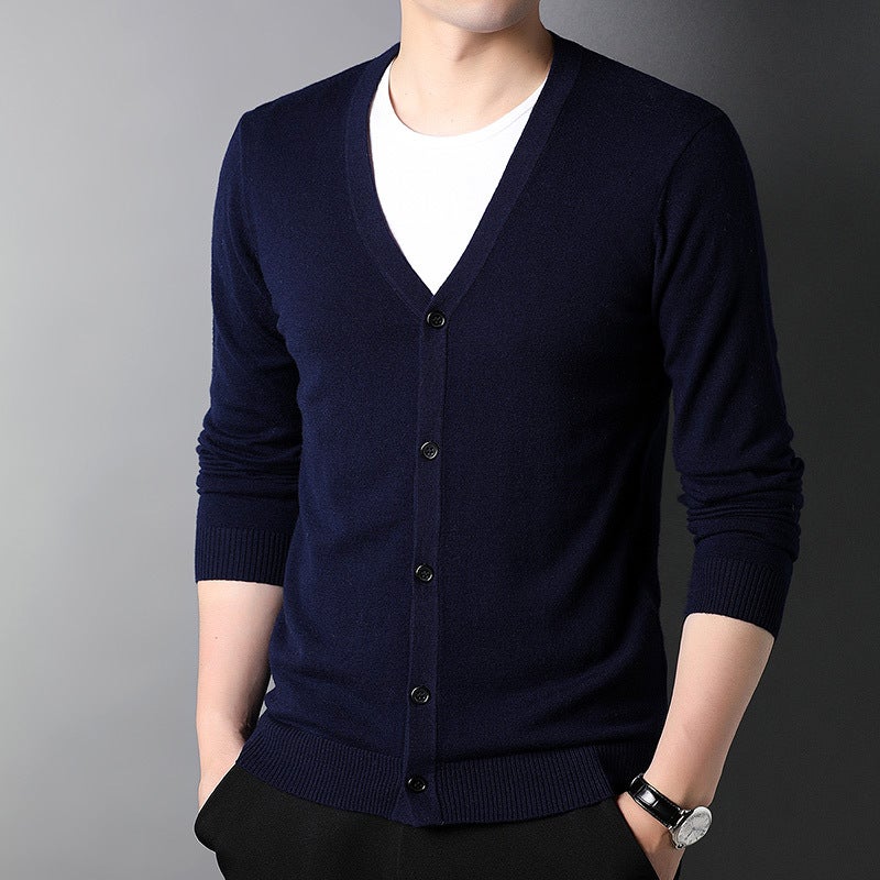 100 Pure Wool Cardigan Mens V-neck Autumn and Winter Puyuan Wool Sweater All-match Sweater Knitted Top Casual Jacket medium gray