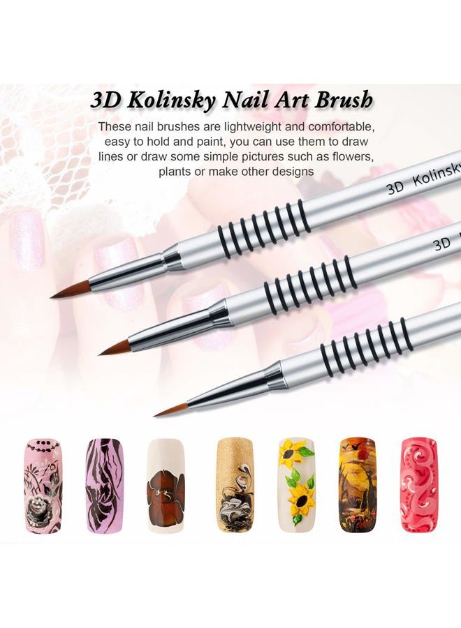 Patelai 3-Piece Kolinsky Acrylic Nail Art Brush Set - Mink Fur/Fiber, Silver Metal Handle, Oval Shape - Salon & Home Use - Image 4