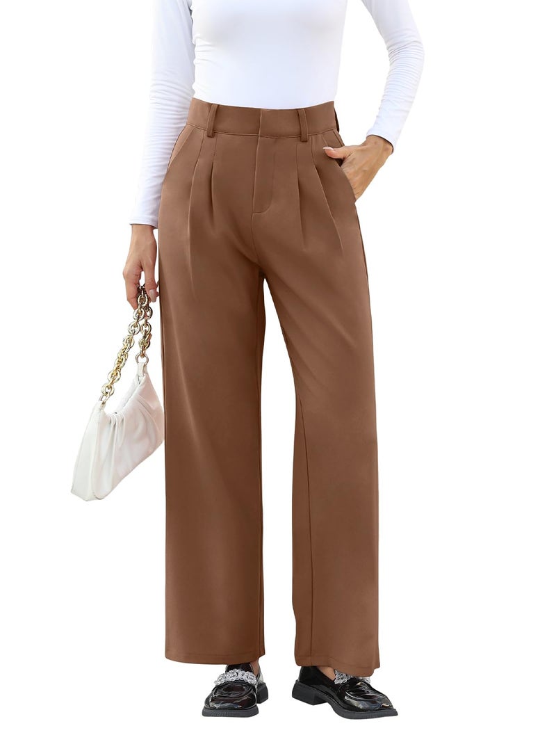 NIMIN High Waisted Work Pants for Women Loose Dress Pants Trousers Professional Business Casual Pants with Pockets Brown Large - Image 4