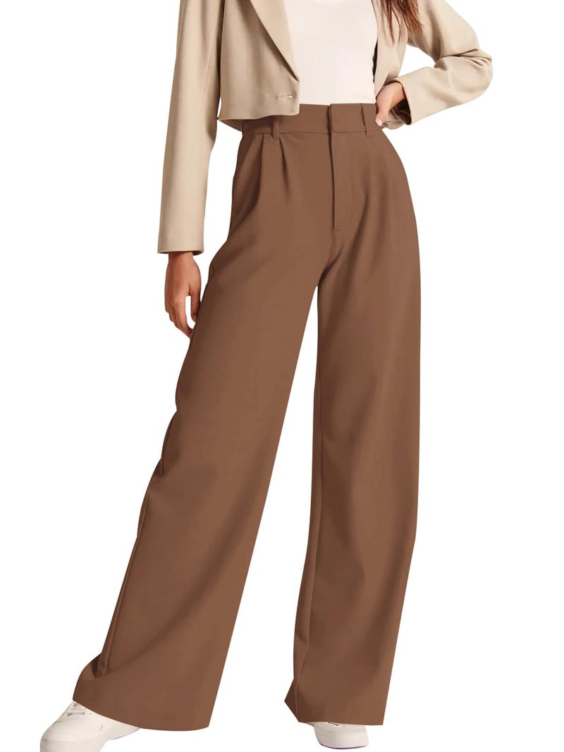 NIMIN High Waisted Work Pants for Women Loose Dress Pants Trousers Professional Business Casual Pants with Pockets Brown Large - Image 1