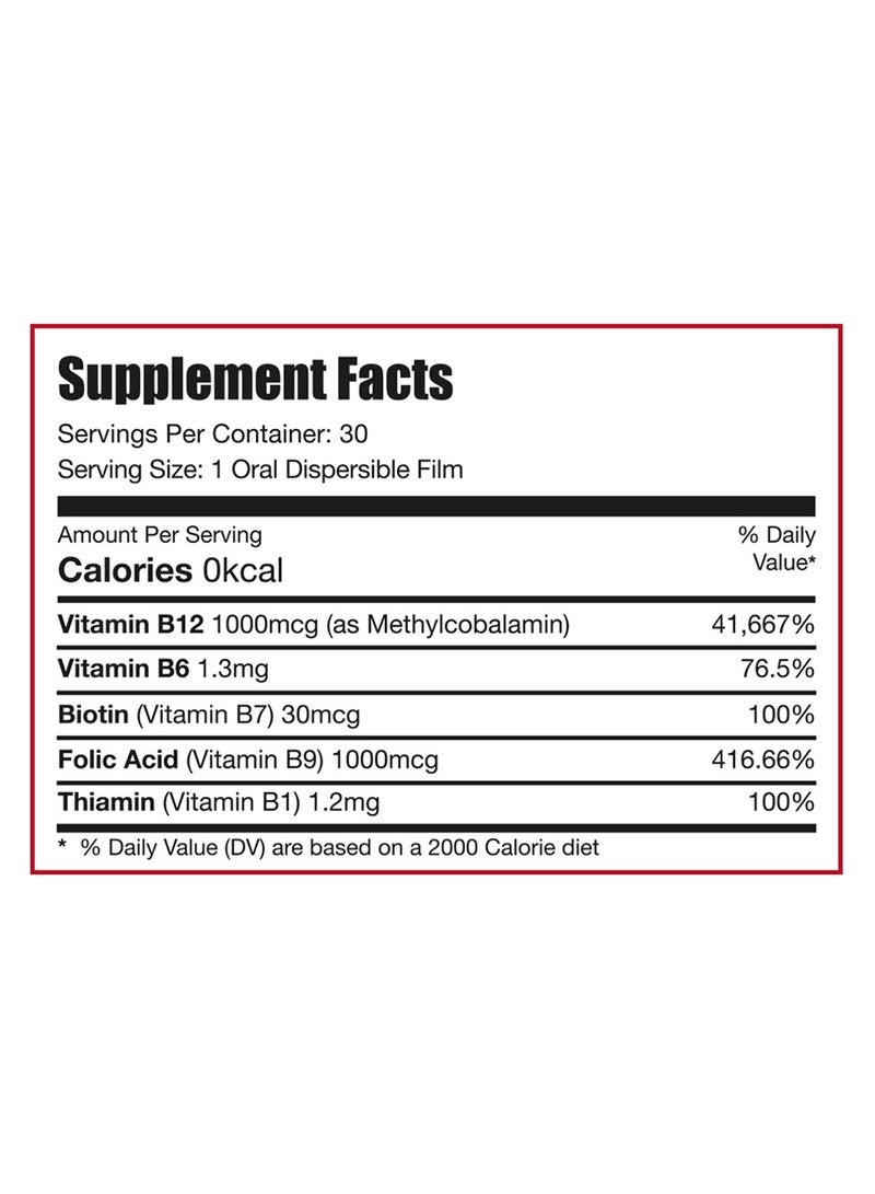 EVA PHARMA فيتامين ب المركب غير المحدود ODF – 30 فيلم ذائب في الفم – ميثيلكوبالامين، حمض الفوليك، B1، B6 وبيوتين – دعم الطاقة والتركيز والجهاز العصبي - Image 3