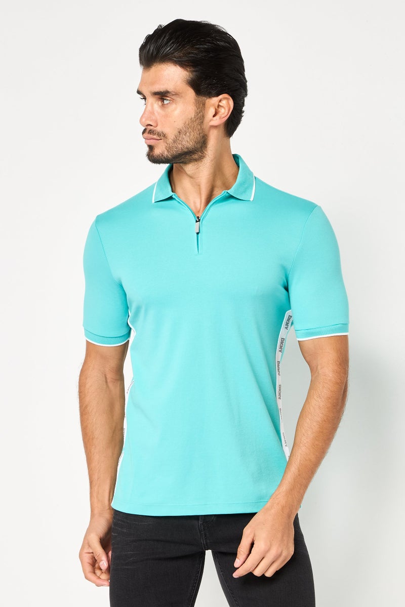 DKNY Men Regular Fit Brand Logo Short Sleeve Polo Shirt, Turquoise - Image 1