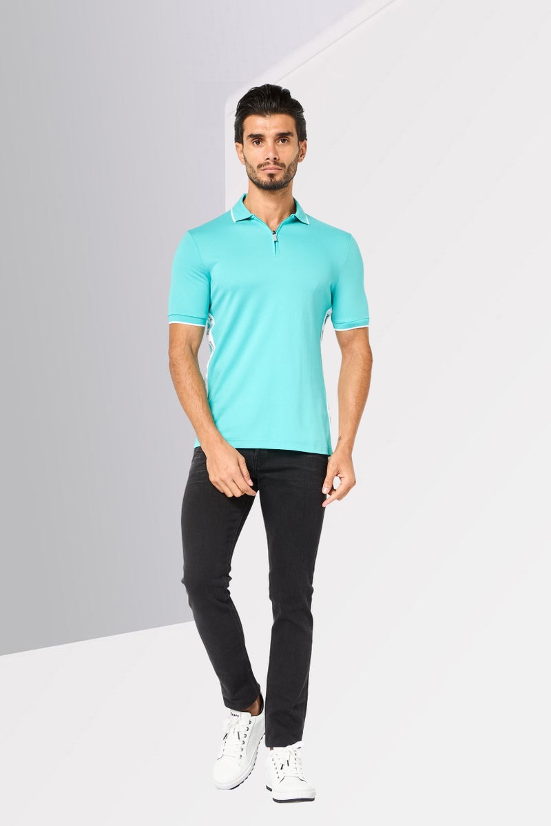 DKNY Men Regular Fit Brand Logo Short Sleeve Polo Shirt, Turquoise - Image 3