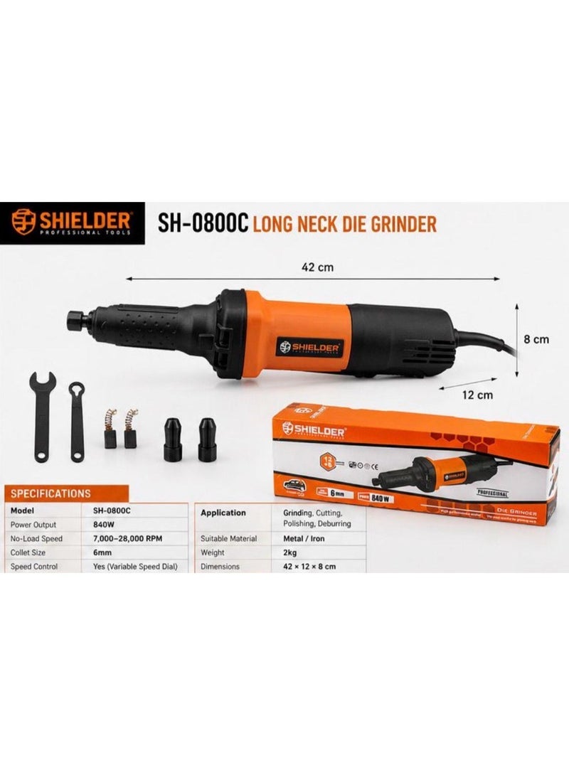 Shielder Long Neck Die Grinder Shielder SH-0800C 840W Variable Speed 7000-28000RPM 6mm Collet For Precision Grinding Polishing And Tight Space Applications - Image 1