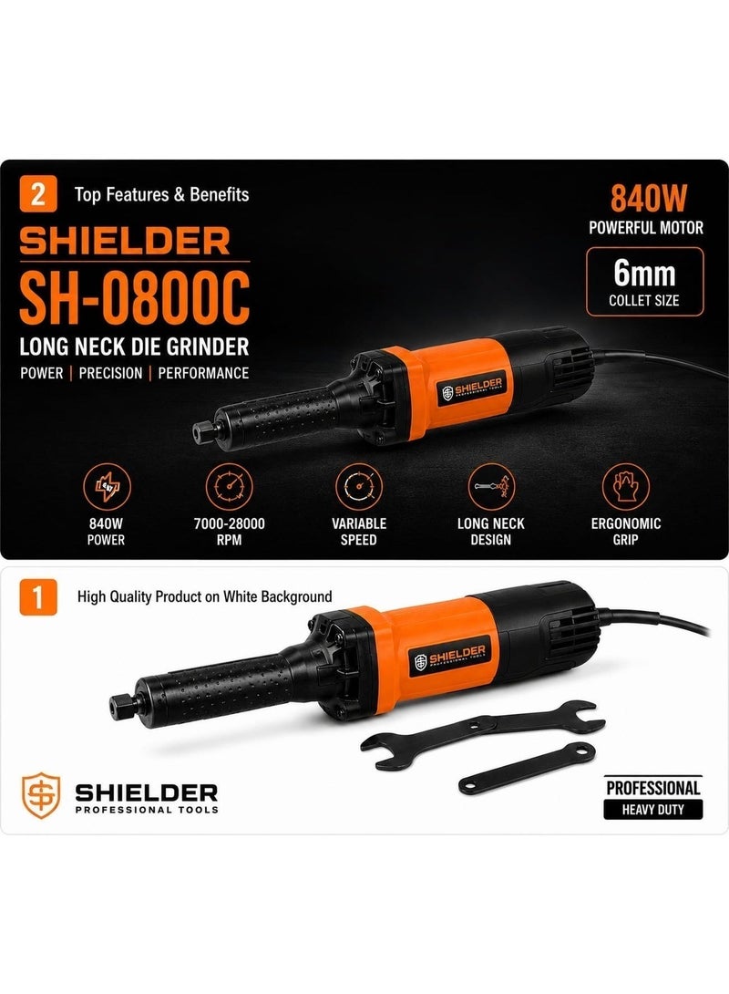 Shielder Die Grinder Shielder SH-0800C 840W Long Neck Electric Variable Speed 7000–28000 RPM 6mm Collet Rotary Tool for Metal Grinding and Polishing - Image 2