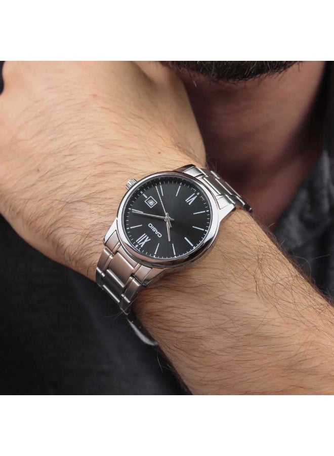 CASIO ساعة كاسيو للرجال التناظرية - قرص أسود، حزام من الفولاذ المقاوم للصدأ الفضي - Image 4