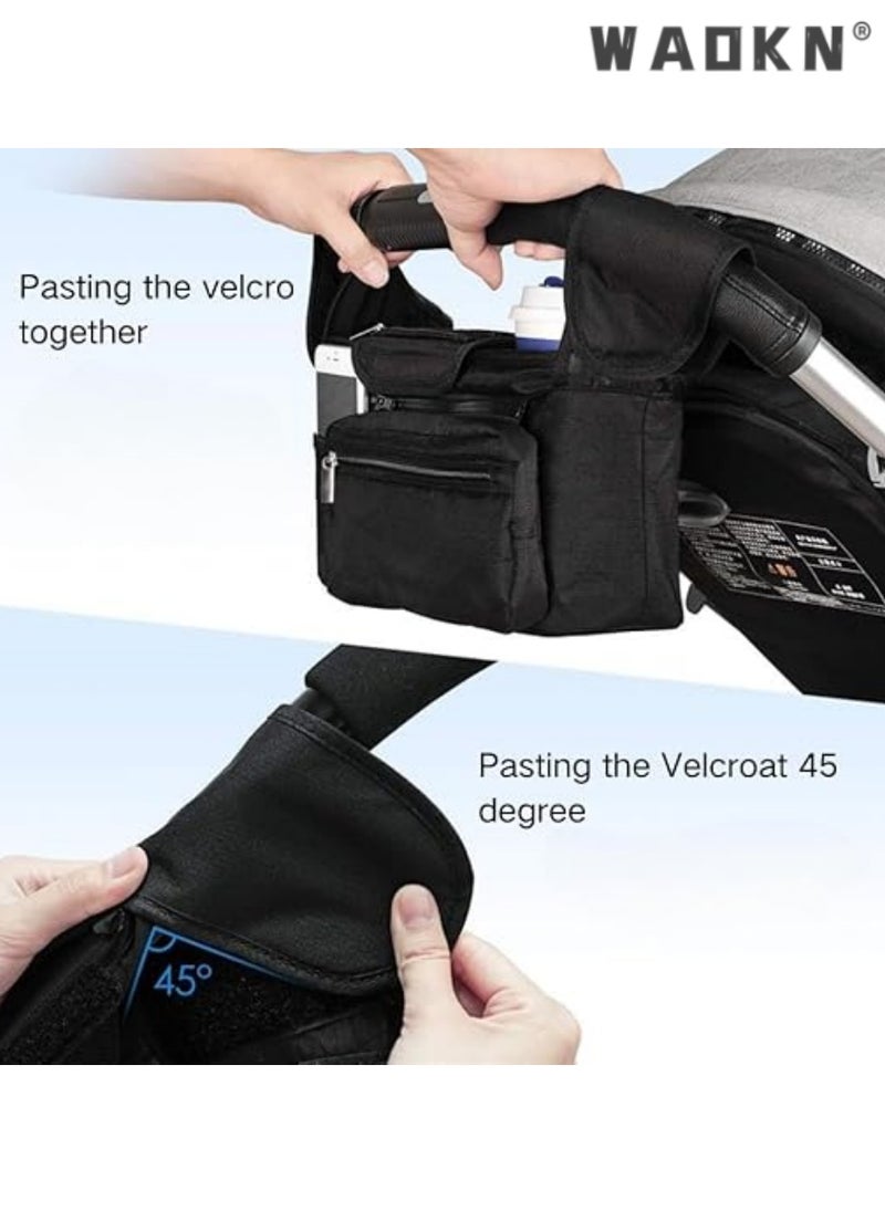 WAOKN Universal Stroller Bag, Stroller Organizer Stroller Storage Accessories with Insulated Cup Holder Detachable Phone Bag & Shoulder Strap for Britax, Baby Essentials Storage, Travel (Black)  - Image 2
