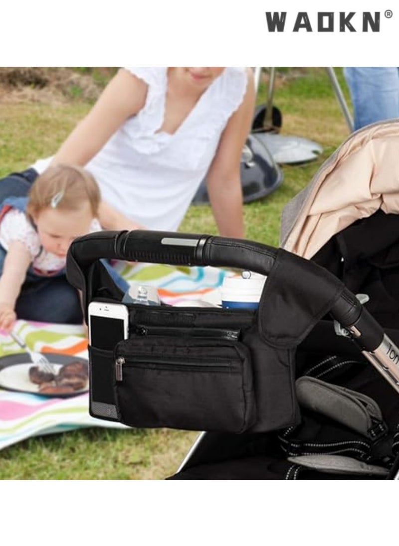 WAOKN Universal Stroller Bag, Stroller Organizer Stroller Storage Accessories with Insulated Cup Holder Detachable Phone Bag & Shoulder Strap for Britax, Baby Essentials Storage, Travel (Black)  - Image 3