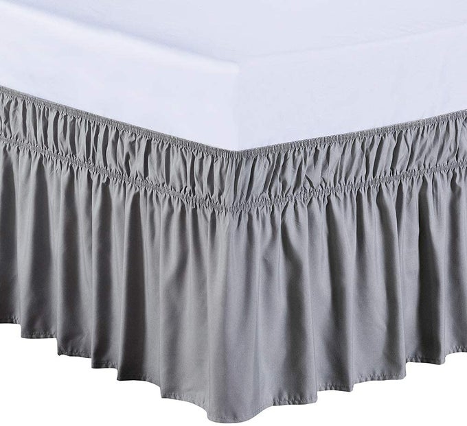 WRAP AROUND BED SKIRT THREE FABRIC SIDES ELASTIC DUST RUFFLED 14 INCH TAILORED DROPEASY TO INSTALL FADE RESISTANTGREY TWINFULL