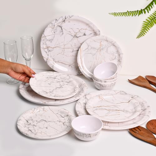 MARKET 99 Heavy-Duty White Static Melamine Dinner Set 12 Pieces | Includes 4 Dinner Plates 4 Side Plates 4 Soup Bowls | Durable Food-Safe Tableware for Daily Use Family Dining & Kitchen Decor - Image 1