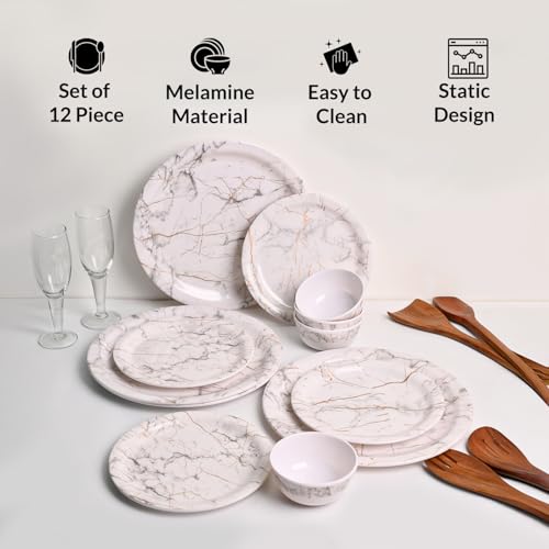 MARKET 99 Heavy-Duty White Static Melamine Dinner Set 12 Pieces | Includes 4 Dinner Plates 4 Side Plates 4 Soup Bowls | Durable Food-Safe Tableware for Daily Use Family Dining & Kitchen Decor - Image 4