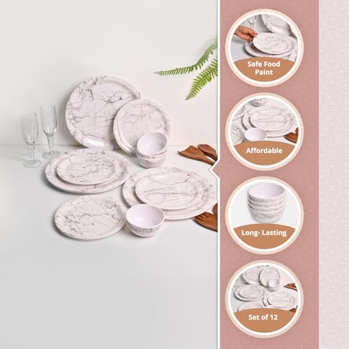 MARKET 99 Heavy-Duty White Static Melamine Dinner Set 12 Pieces | Includes 4 Dinner Plates 4 Side Plates 4 Soup Bowls | Durable Food-Safe Tableware for Daily Use Family Dining & Kitchen Decor - Image 3
